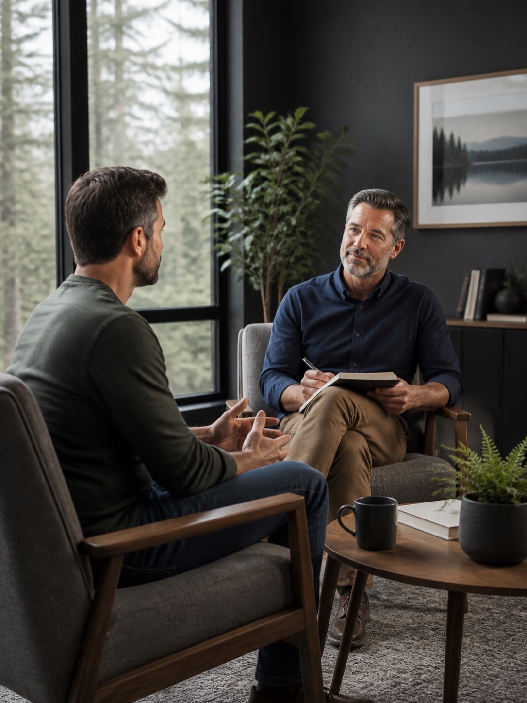 Counsellor and client in a calm, private therapy office in Langley BC
